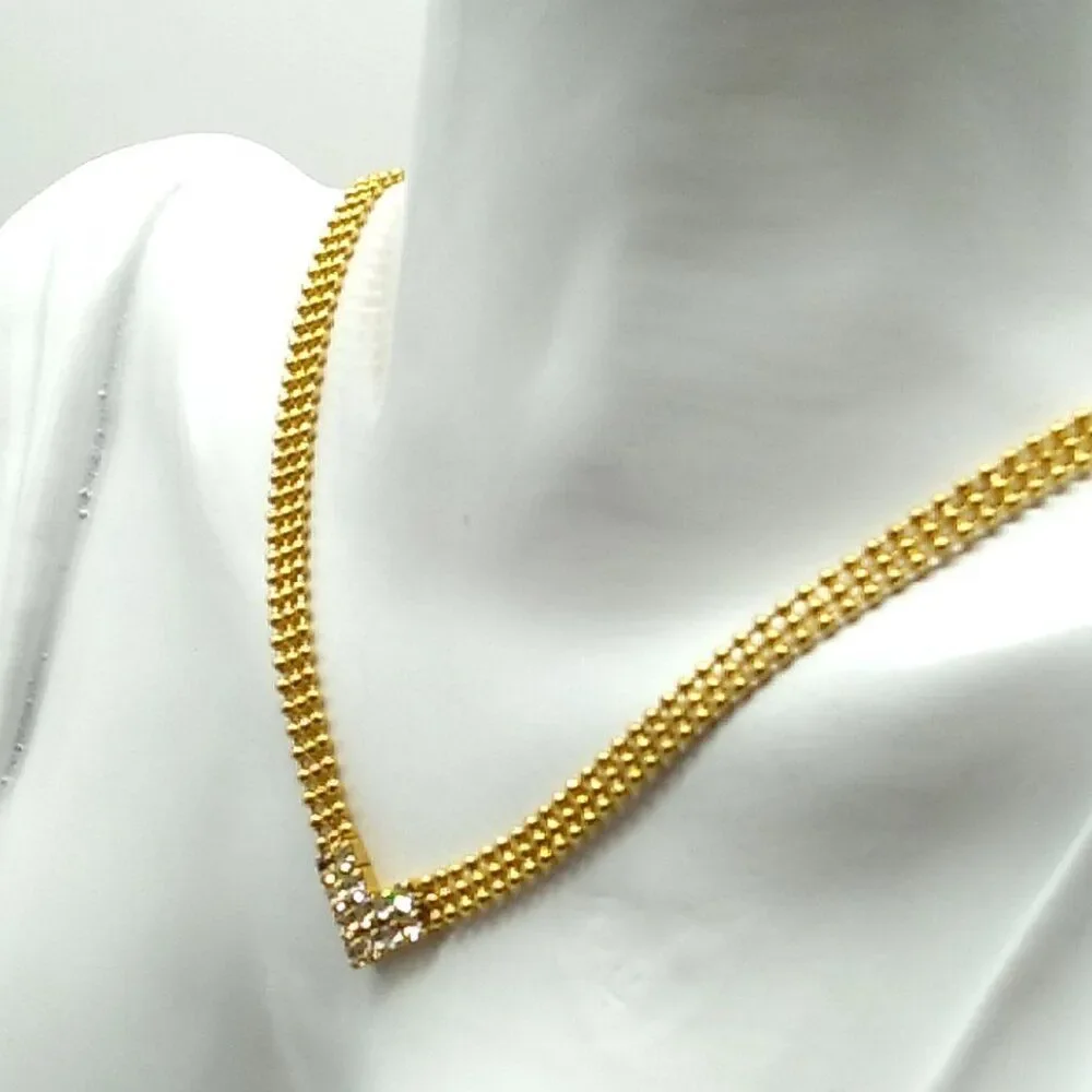 V Shaped Crystal Center Triple Row Delicate Round Gold-tone Beaded Necklace